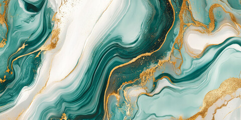 A vibrant mix of teal, gold, and white swirling together in a marble pattern with intricate metallic veins.