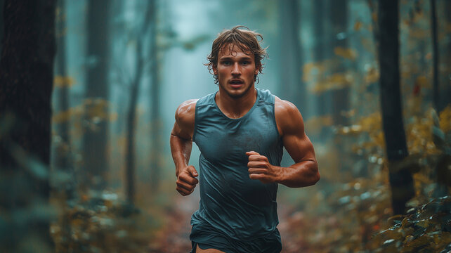 Focused athlete running through forest trail during early morning workout