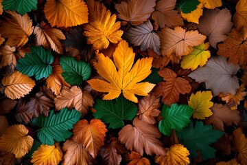 Fototapeta premium Aerial view, autumn leaves, fallen on the forest floor reveal patterns and shapes unseen from the ground