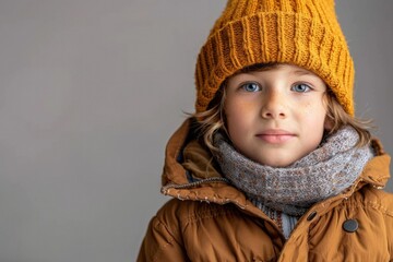A young boy wearing a yellow hat and a brown coat