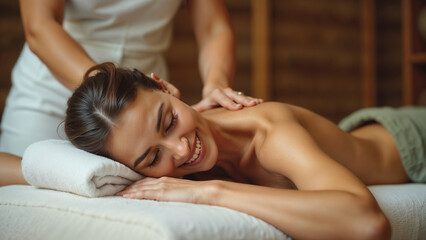 Obraz premium Beautiful girl getting a back massage, healthy body concept, self care