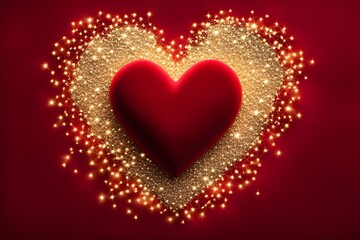 A glittering gold heart on a vibrant red velvet background surrounded by delicate twinkling lights, Ai Generated