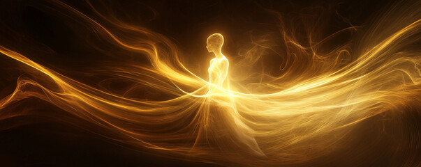 Smooth, elegant light trails in golden yellow and soft white wrapping around a glowing central figure in a dark space.