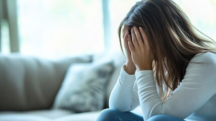 Obraz premium A woman sitting on a couch with her head in her hands, expressing deep emotions at home