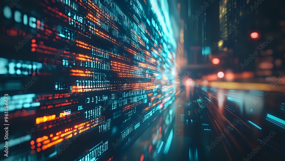 Poster digital code stream through city lights, futuristic technology abstract background