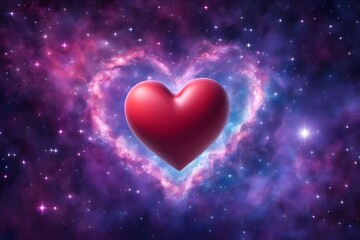 A glowing red heart surrounded by twinkling stars floating on a dreamy purple and blue galaxy background, AI Generated