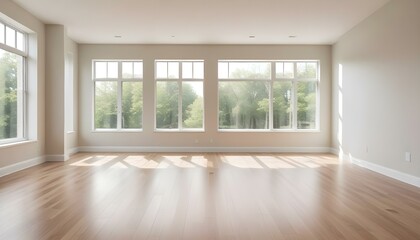 A bright and airy room with large windows, hardwood floors, and minimal decor. The room has a clean, modern aesthetic with a neutral color palette.