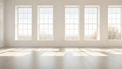 Fototapeta premium A bright and airy room with large windows, hardwood floors, and minimal decor. The room has a clean, modern aesthetic with a neutral color palette.