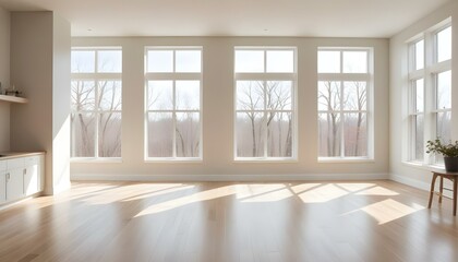 Fototapeta premium A bright and airy room with large windows, hardwood floors, and minimal decor. The room has a clean, modern aesthetic with a neutral color palette.