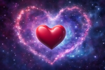 A glowing red heart surrounded by twinkling stars floating on a dreamy purple and blue galaxy background, AI Generated