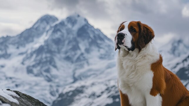 A St. Bernard dog poses majestically against a backdrop of snow-capped mountains.