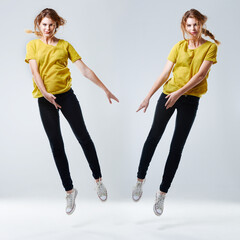 Fashion, jump and portrait of woman with composite effect, style and cool clothes with sneakers. Young model, white background and female person floating in studio with body in air or youth culture