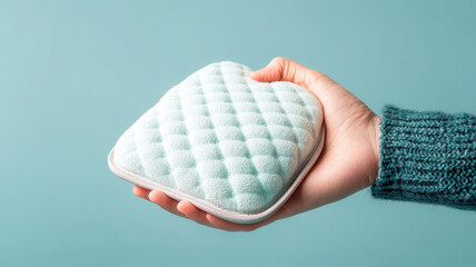 A hand holding a soft, quilted fabric pouch against a mint green background, highlighting comfort and design.