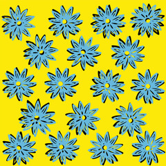 Seamless pattern featuring yellow and blue chrysanthemum flowers. Perfect for textiles, wallpaper, and packaging design. Ideal for use in fashion, home decor, or print projects.