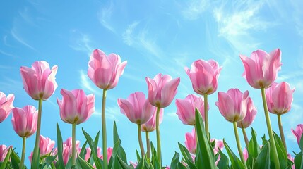 Pink Tulips Reaching for a Blue Sky with Wispy Clouds