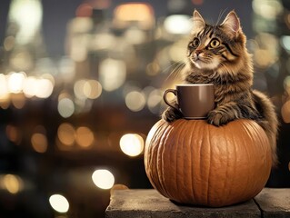 Cat sitting atop a pumpkin with a coffee cup, glowing city skyline in background, dramatic lighting, empty space for text