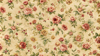 Elegant vintage floral pattern with roses and blossoms on a soft beige background for stylish decor