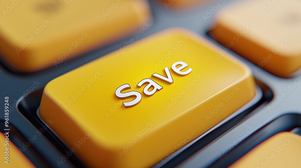 Poster a close up of a yellow computer keyboard with the word save on it, ai