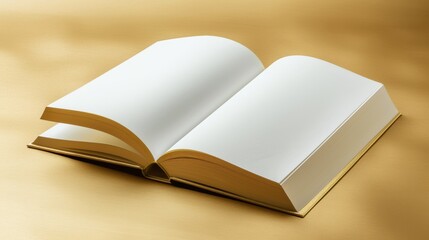 A pristine white hardcover book lies open on a golden surface, its blank pages inviting endless possibilities for creativity and expression. Ideal for designers and writers.