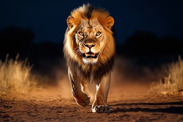 African animals, lions roaring at night, echoing power across the plains, asserting their dominance