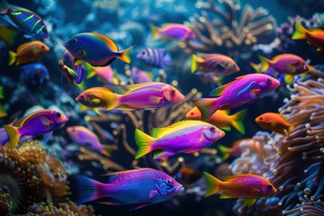 Naklejka premium tropical fish swimming among vibrant corals, with a scuba diver observing the underwater beauty. Ideal for marine conservation campaigns and educational exhibits.