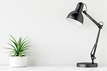 Black table lamp and potted plant on a minimalist white tabletop