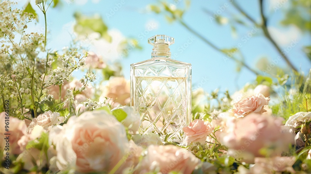 Wall mural Perfume Bottle in a Field of Roses