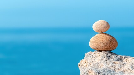 Smooth stones balanced on a cliff, overlooking a calm blue ocean, symbolizing tranquility and harmony in nature.