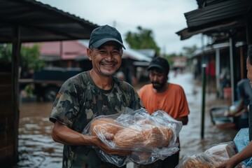 Naklejka premium An individual wearing camouflage attire handing out packaged loaves of bread to people in a flood-affected area, showcasing community support and aid distribution.