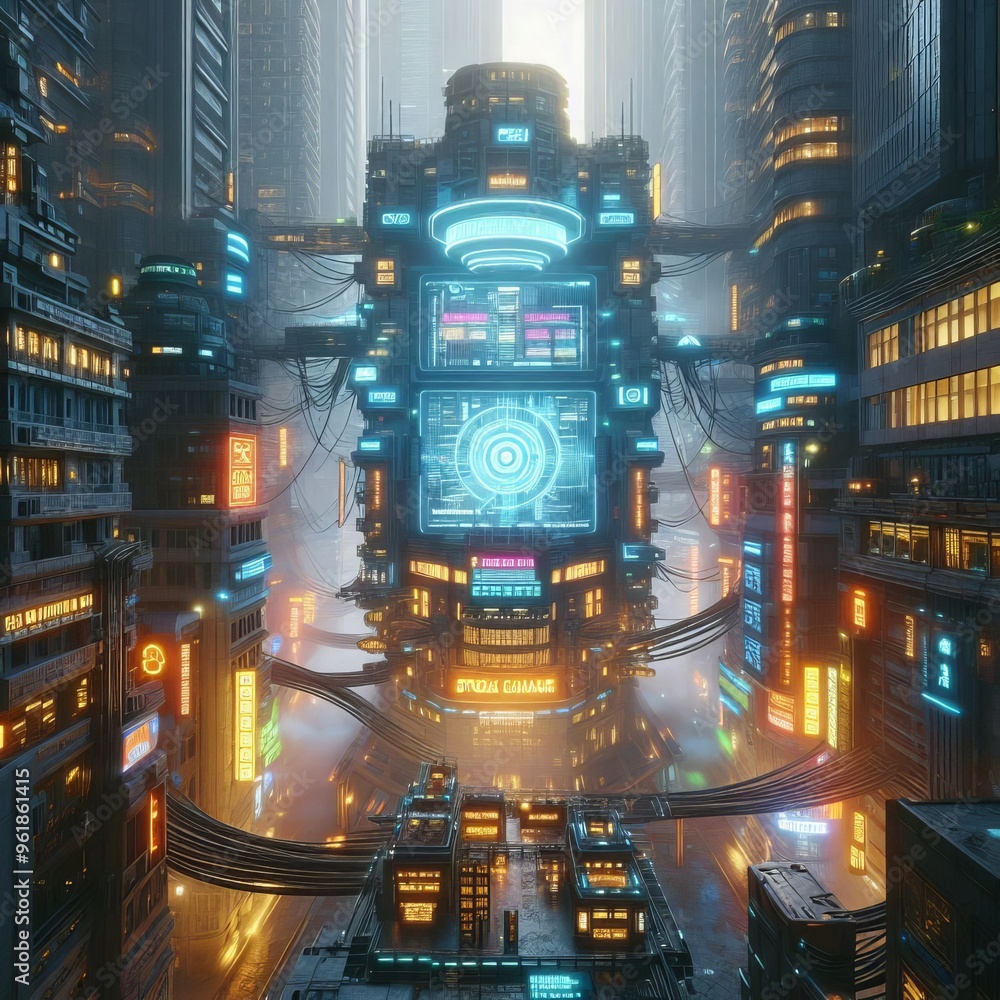 Poster a highly detailed futuristic cityscape featuring towering digital infrastructure with glowing neon l