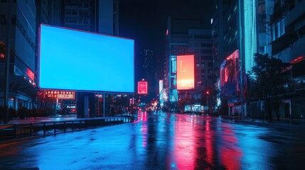Obraz premium Big blue screen billboard on cyberpunk neon night city street mockup material background wallpaper AI generated image