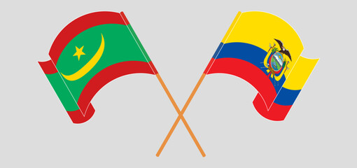 Crossed and waving flags of Mauritania and Republic of Ecuador. Vector illustration