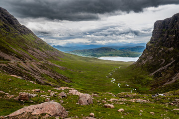 Spectacular Valley At Applecross Pass With River Allt a'Chumhaing In Scotland, UK