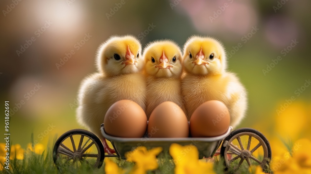 Wall mural three baby chickens sitting in a wagon with three eggs, ai