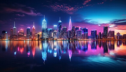 Fototapeta premium A vibrant city skyline at night, with bright neon lights reflecting off a calm water surface