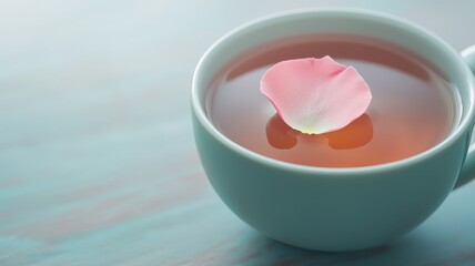 A serene cup of tea adorned with a delicate flower petal, perfect for relaxation and wellness themes.