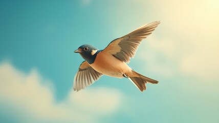 Fototapeta premium A vibrant bird soaring through a bright blue sky, showcasing its colorful feathers and graceful wings in natural sunlight.