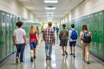 Students walking in school corridor with green lockers in background
