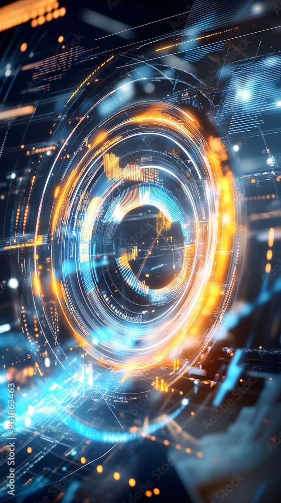 Poster abstract technology background with glowing circles and lines.