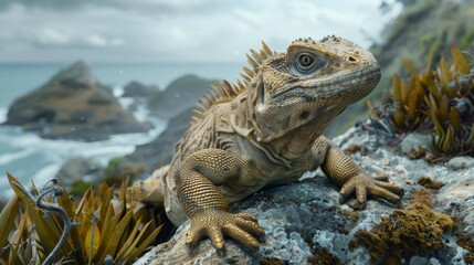 Fototapeta premium Galapagos Lava Lizard on Rocks with Ocean Background