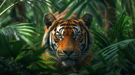 Fototapeta premium Close Up of Tiger in Jungle Foliage