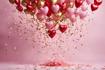 A vibrant mix of red pink and gold confetti raining down with large heart-shaped balloons floating, Ai Generated