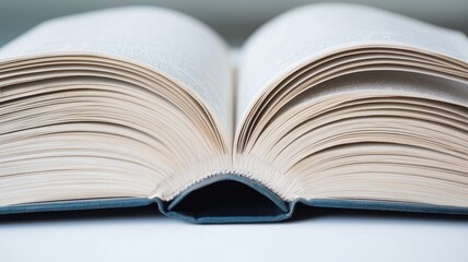 Obraz premium An open book resting on a flat surface, showcasing its pages and spine in a soft lighting environment.