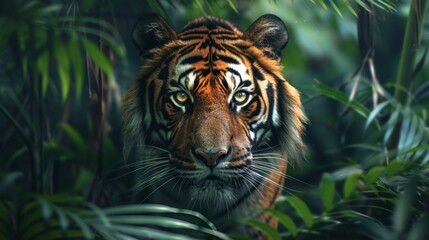 Fototapeta premium Close Up of a Tiger in a Lush Green Jungle