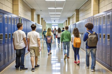 Students walking down school hallway with blue lockers and backpacks on bright day