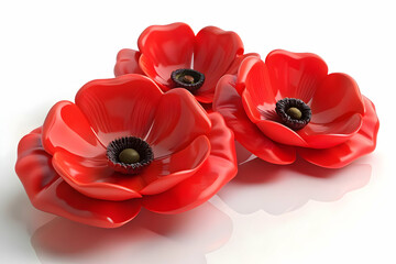 3D Glossy Poppy Flowers on Reflective Memorial Surface for Veterans Day Remembrance - Close-Up Floral Tribute Icon