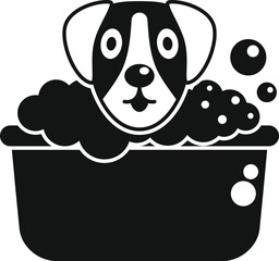Simple vector icon of a cute dog having a bath in a basin, isolated on a white background
