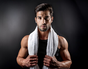  Portrait of an athletic man with a towel around his neck, captured dramatically in a studio_1(765)