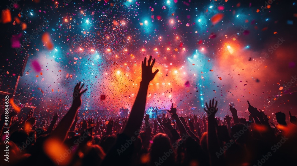 Wall mural crowd of people at a concert with confetti and lights.