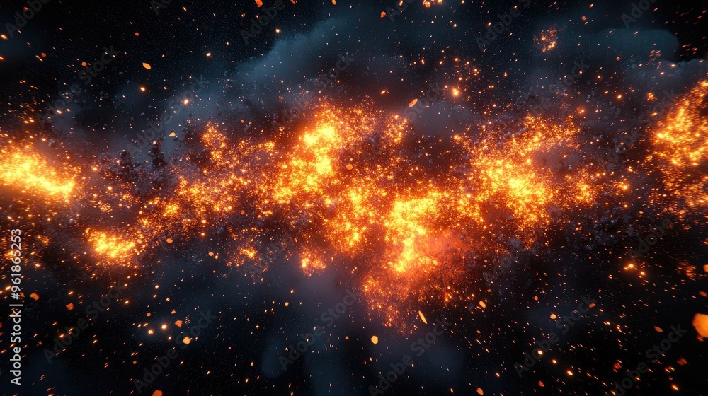 Poster a fiery explosion of particles with glowing sparks flying in all directions, creating an intense vis